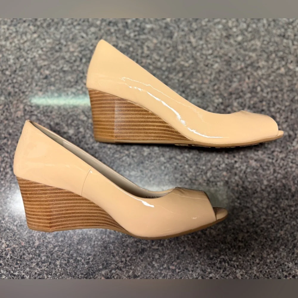 “COLE HAAN” Sadie Patent Leather Peep-Toe Wedges